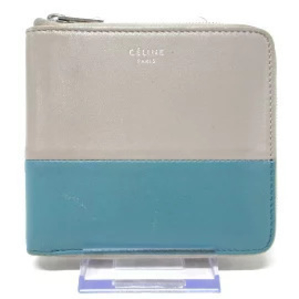Celine Bi fold Wallet Round Zipper Beige Cream x Green Leather